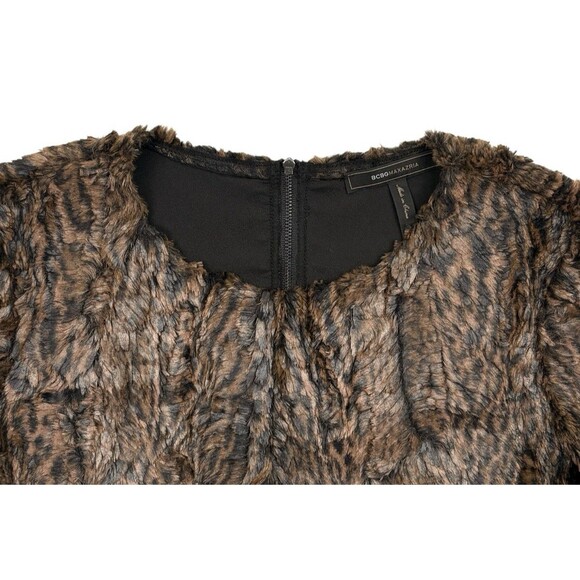 BCBG Max Azria Tulum Faux Fur Zip Back Top Camel Brown Y2K Mob Wife Holiday M - Picture 2 of 16